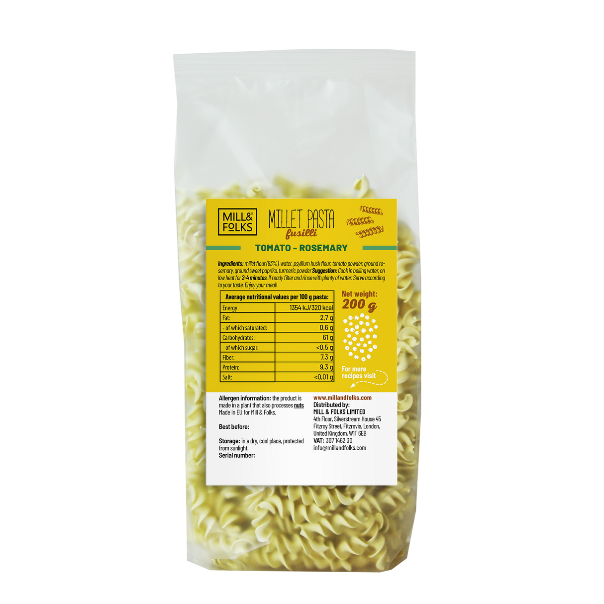 Millet pasta fusilli tomato-rosemary