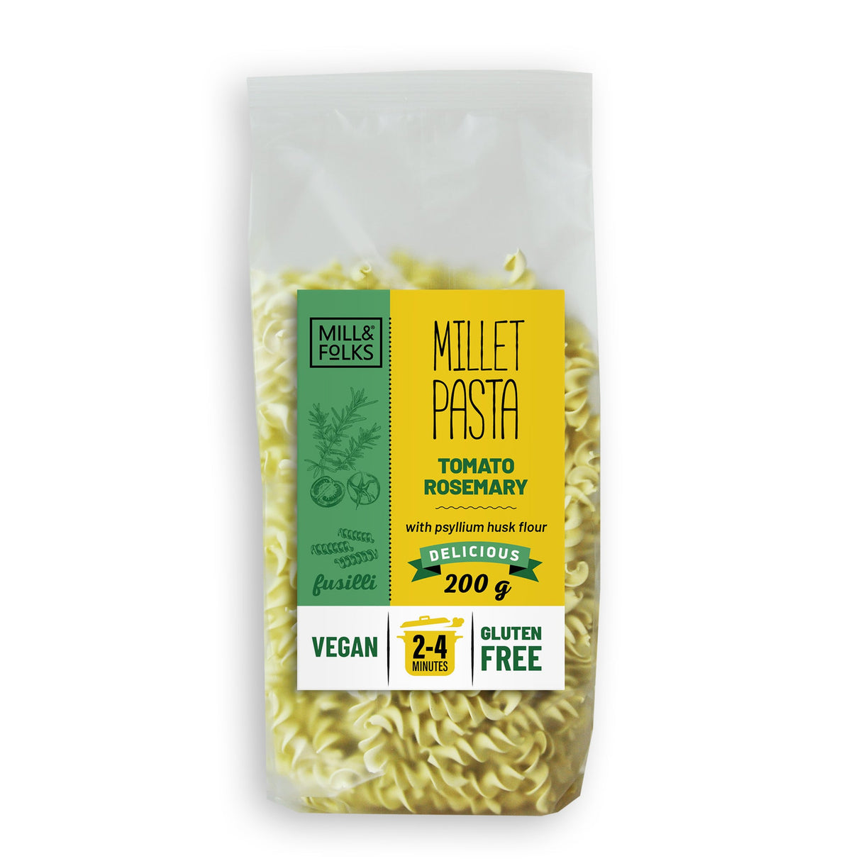 Millet pasta fusilli tomato-rosemary